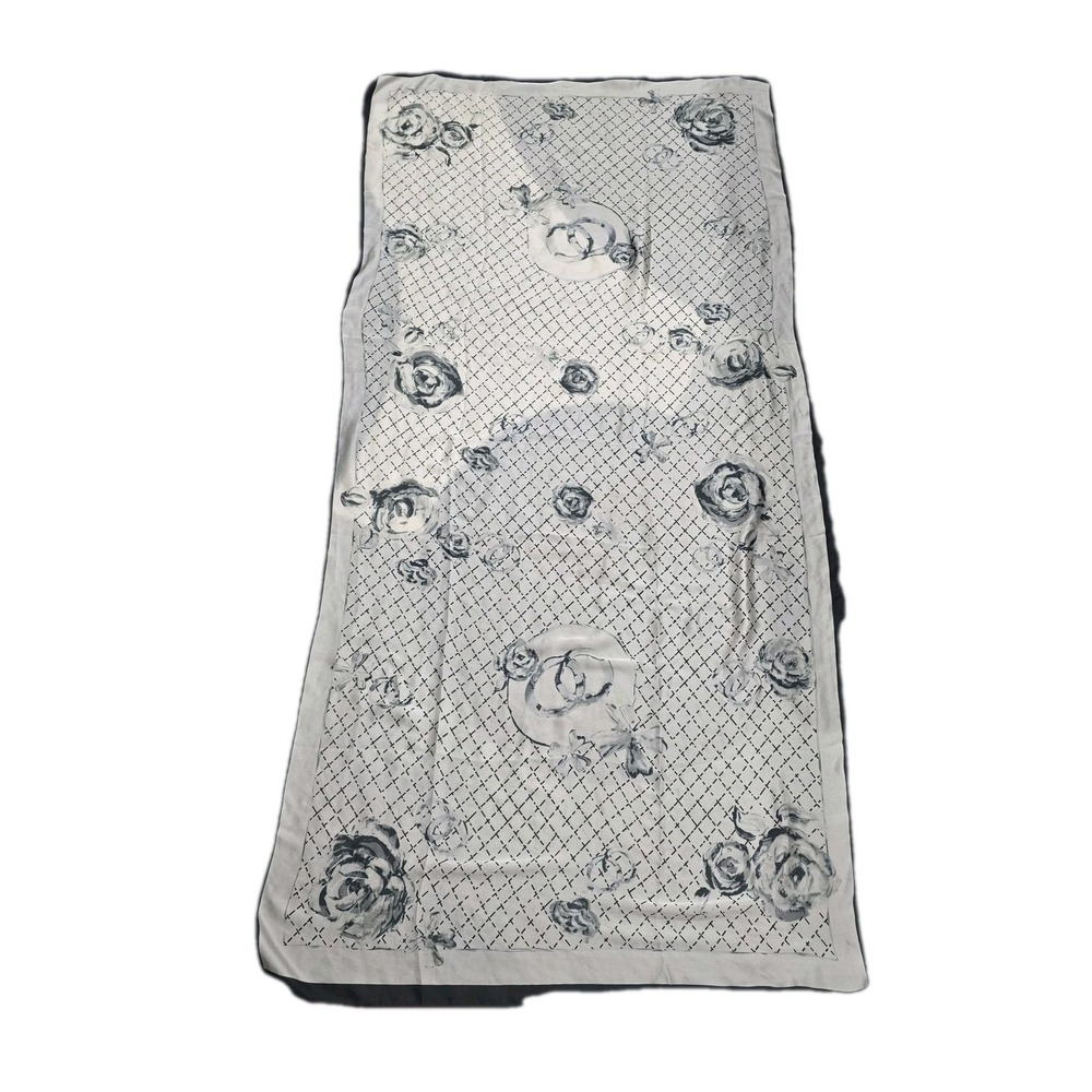 Luxury 100% Mulberry Silk Long Scarf - Elegant Black & White Floral Camellia...